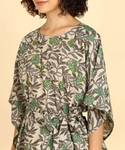 Pure Cotton Grey Printed Kaftan Tunic With Hand Kantha Work (W1396)