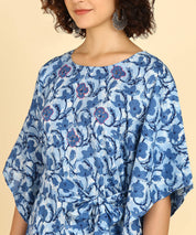 Pure Cotton Blue Printed Kaftan Tunic With Hand Kantha Work (W1397)