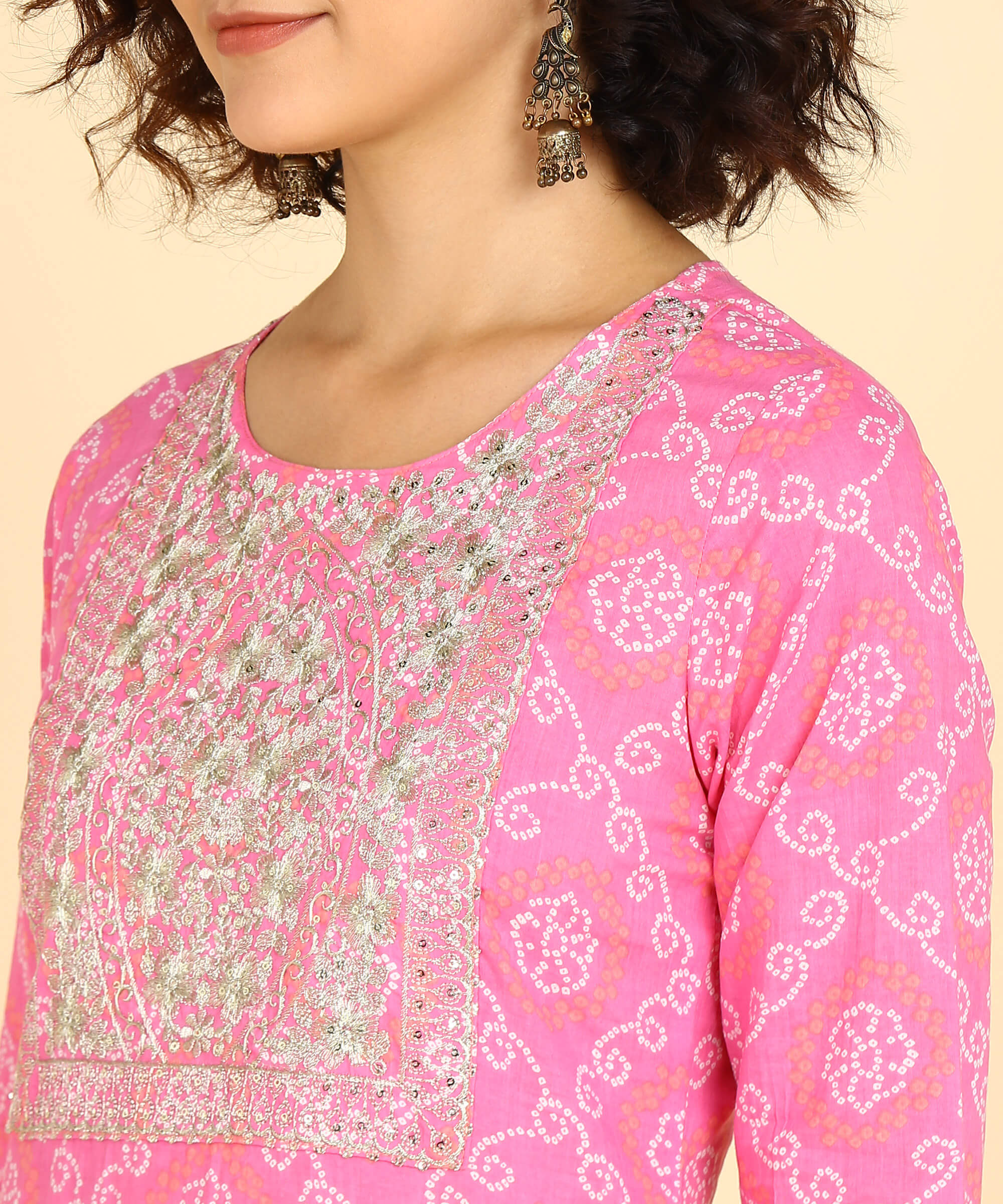 Pure Cotton Pink Bandhej Print Kurta with Zari Embroidery (W1392)