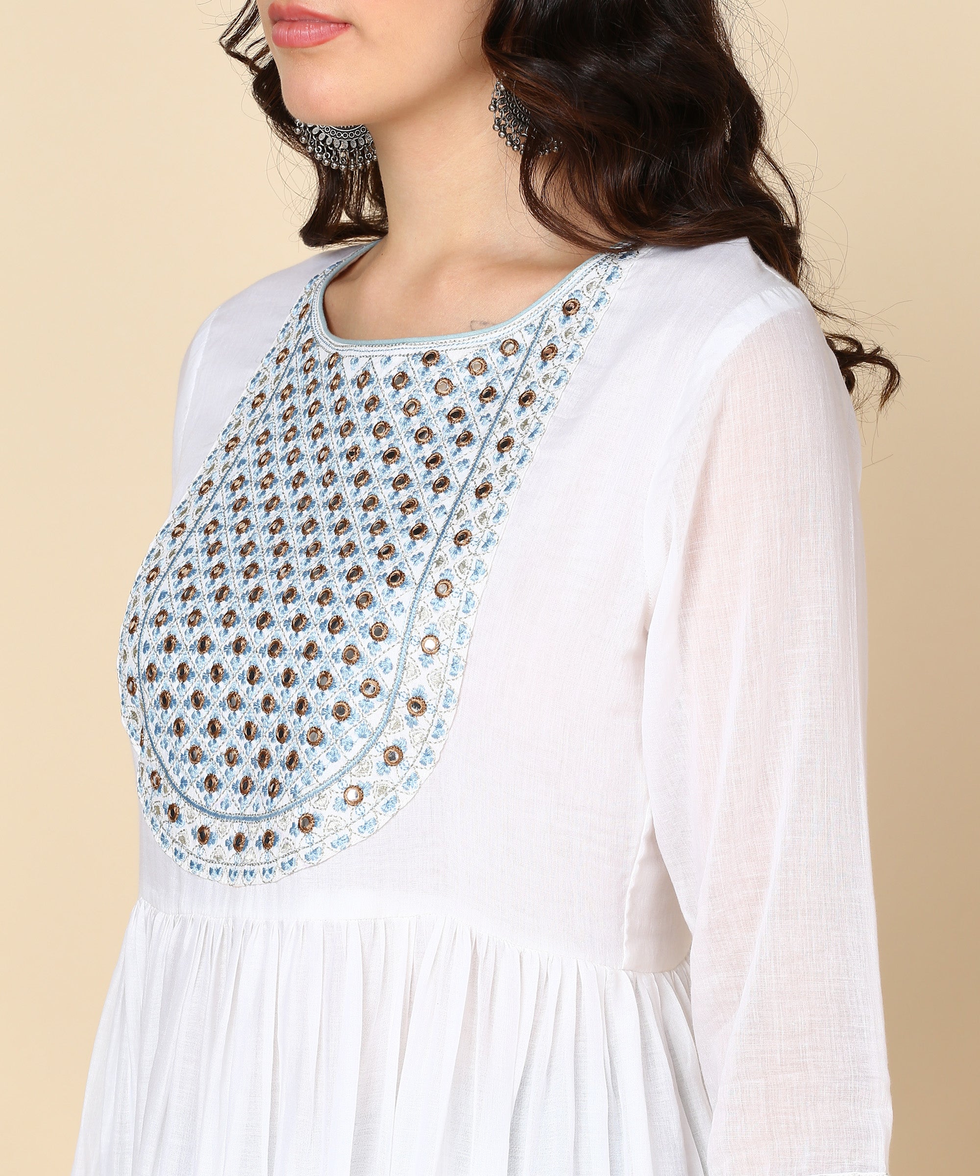 White Malmal Block Print Anarkali Dress with Dupatta (W1400)