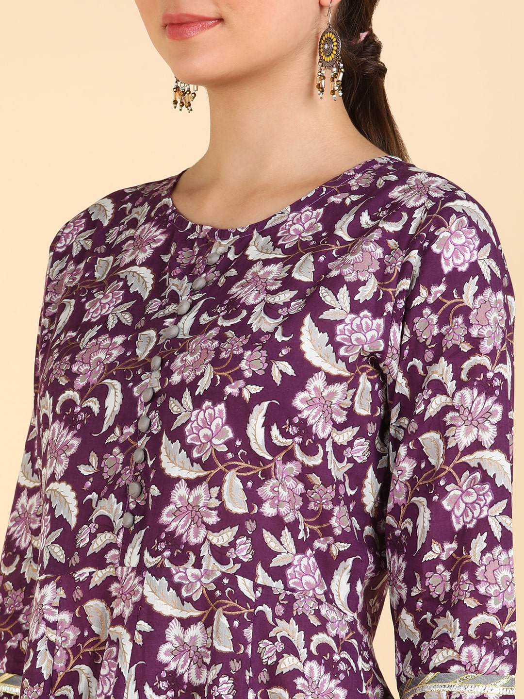 Purple Floral Print Cotton Anarkali Kurta with Dupatta (W1408)