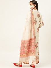 Pure Cotton Floral Printed Off White Kurta With Dupatta & Trouser (W1142)