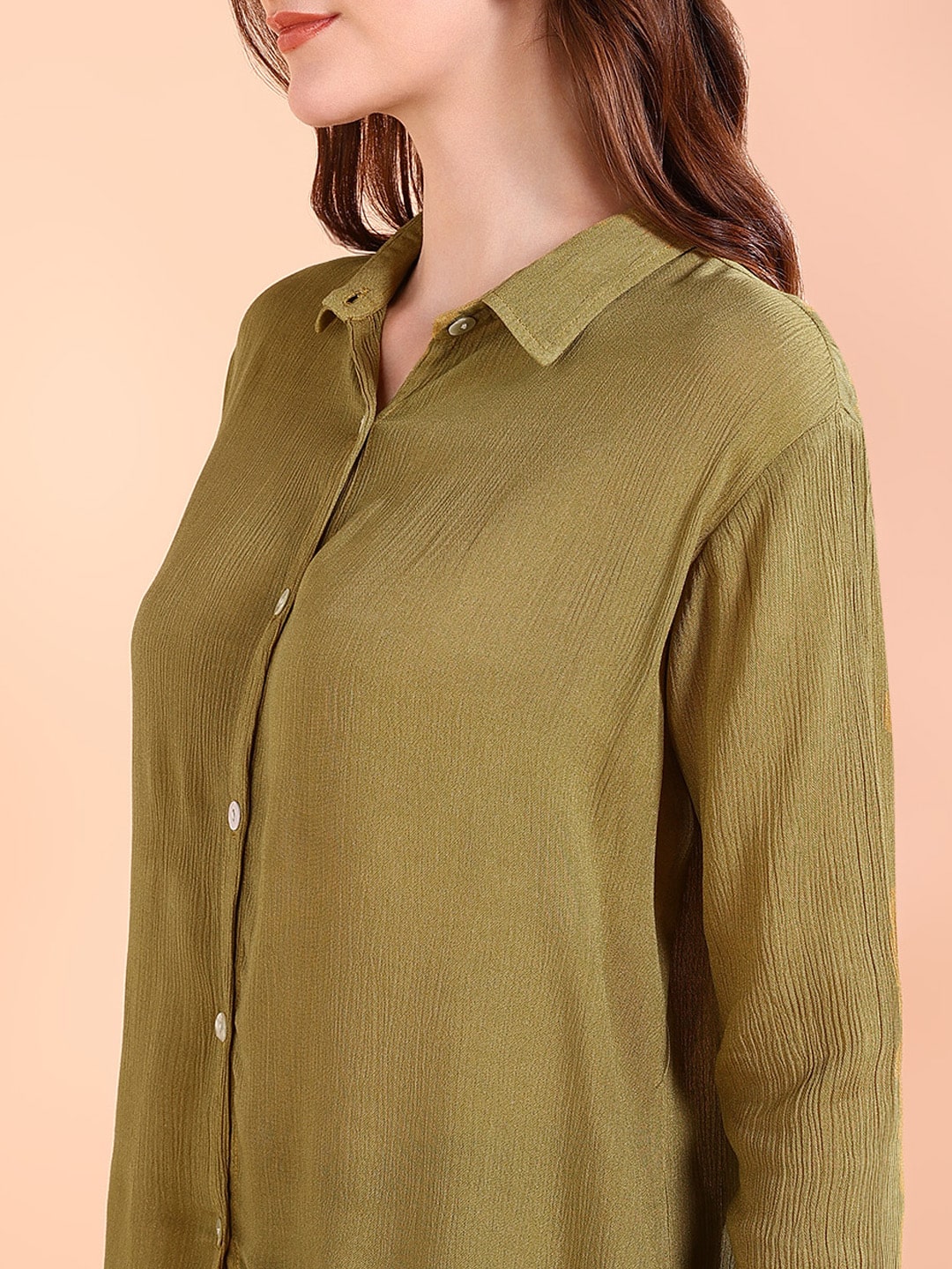 Olive Green Tie-Dye Crepe Loose Fit Shirt (W1557)