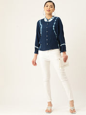 Rayon Blue Frill Neck Shirt (W1333)