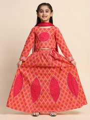 Cotton Boota Printed Orange lehenga Choli Dress with Dupatta (K1046)