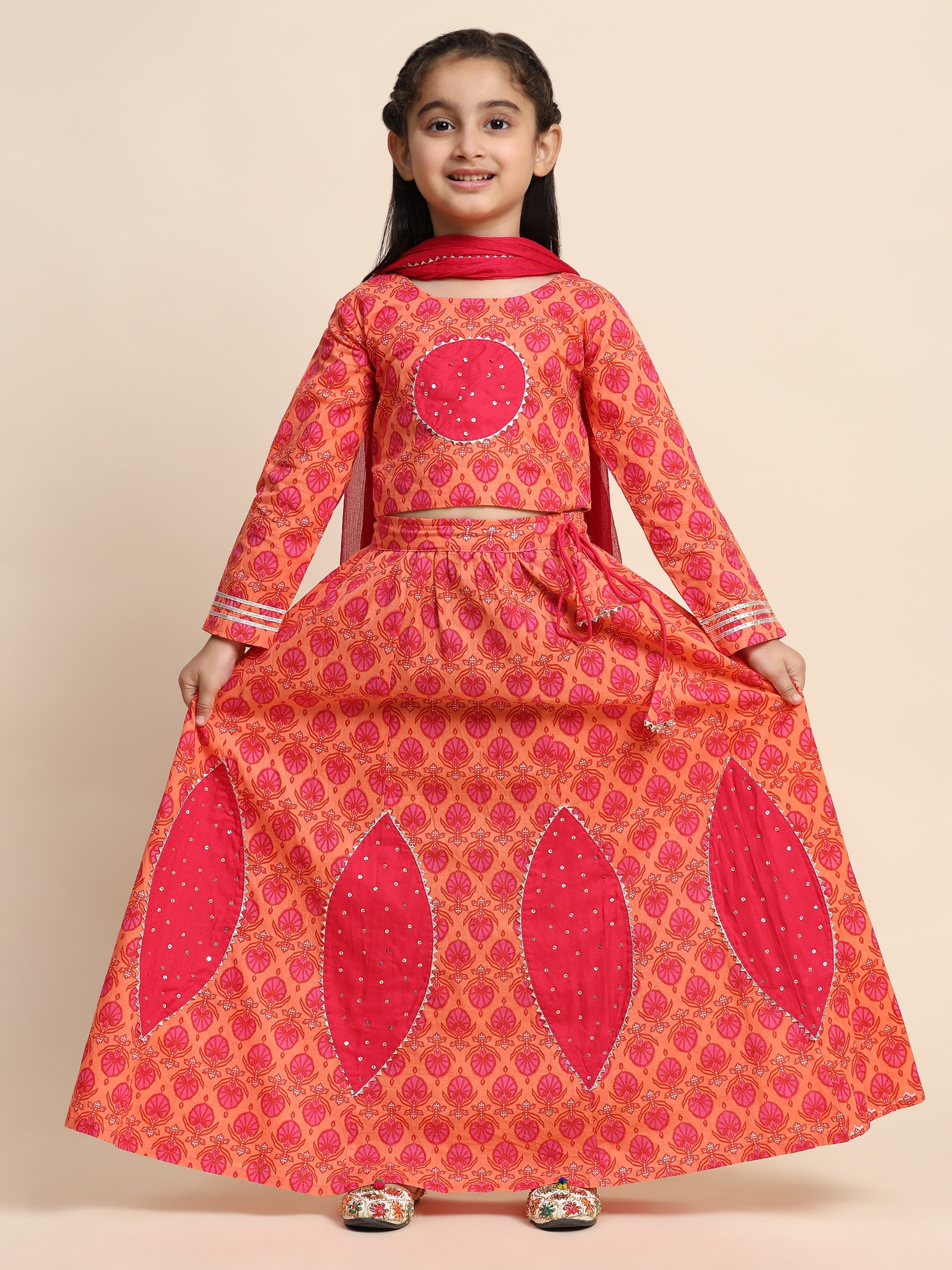 Cotton Boota Printed Orange lehenga Choli Dress with Dupatta (K1046)