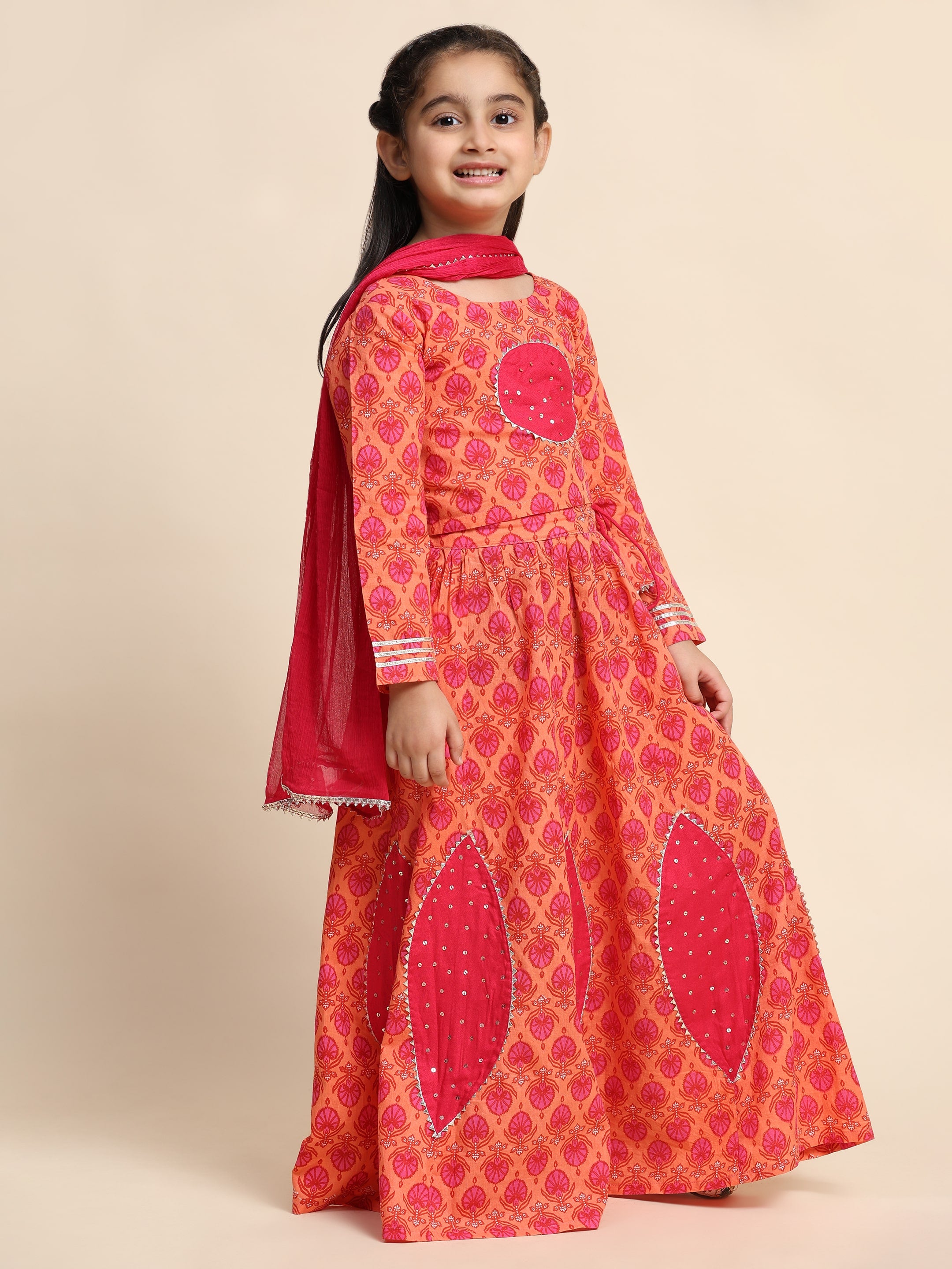 Cotton Boota Printed Orange lehenga Choli Dress with Dupatta (K1046)