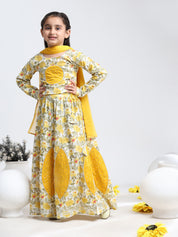 Cotton Floral Printed Yellow lehenga Choli Dress with Dupatta (K1041)