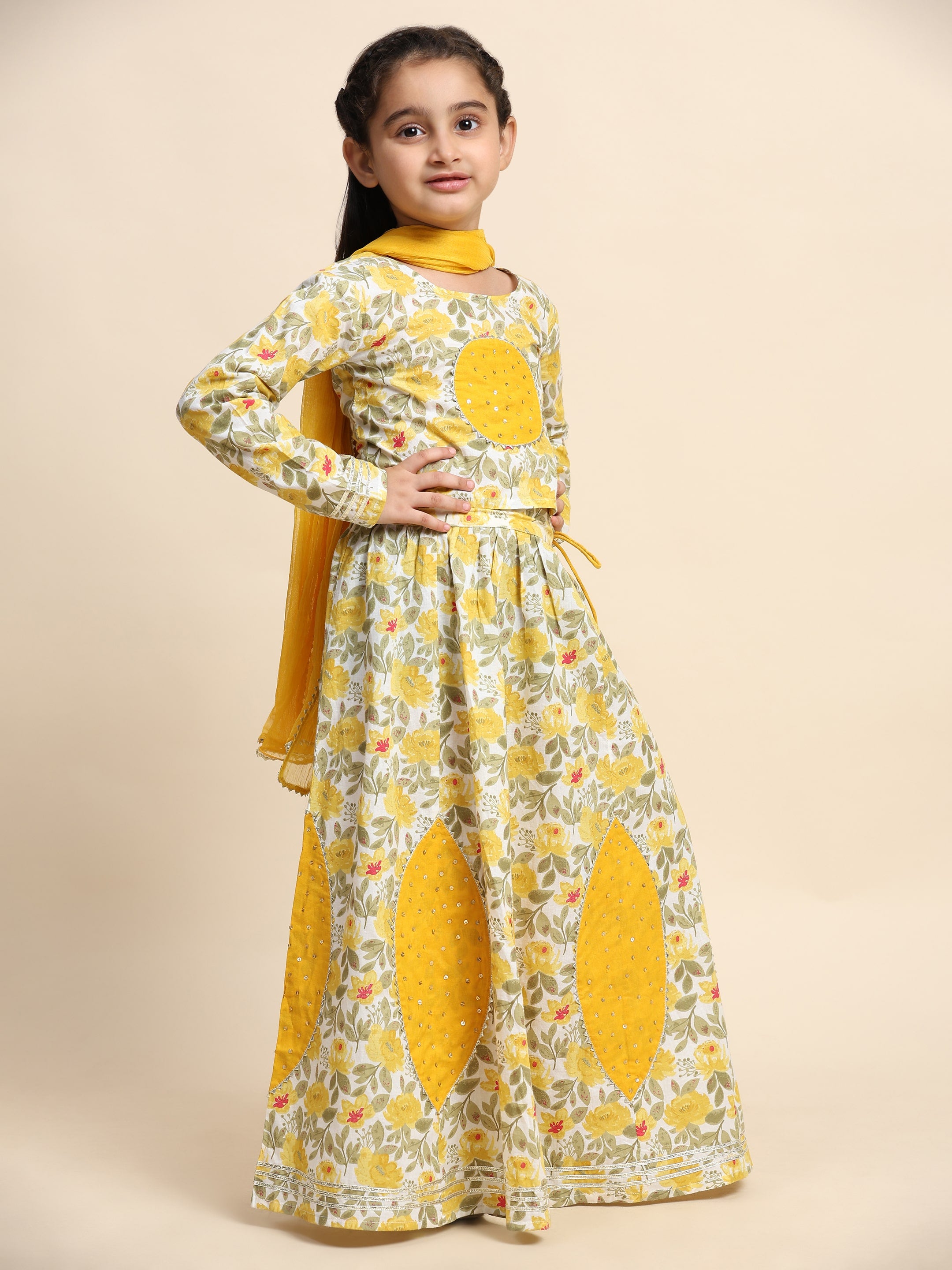 Cotton Floral Printed Yellow lehenga Choli Dress with Dupatta (K1041)