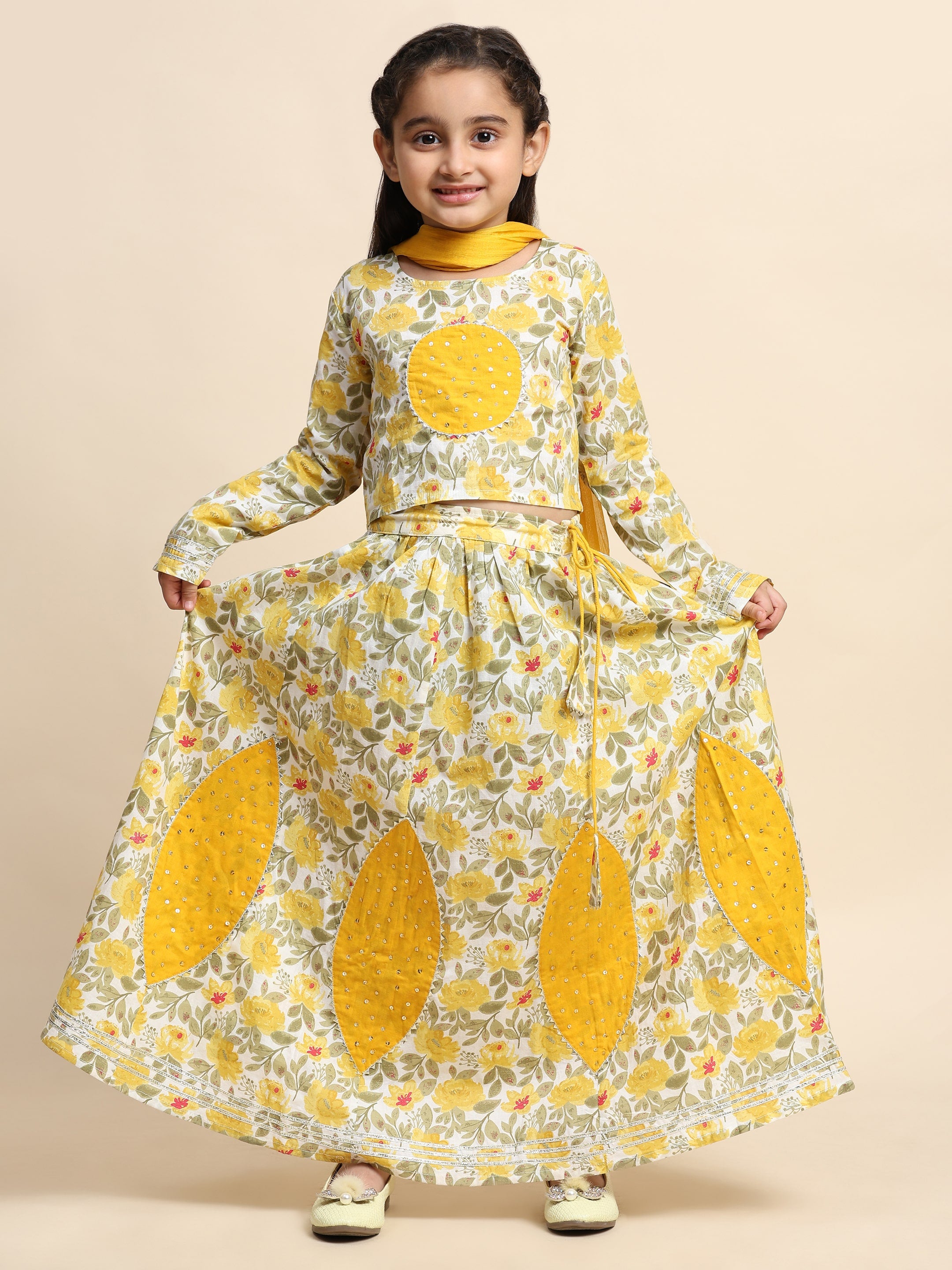 Cotton Floral Printed Yellow lehenga Choli Dress with Dupatta (K1041)