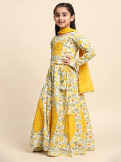 Cotton Floral Printed Yellow lehenga Choli Dress with Dupatta (K1041)