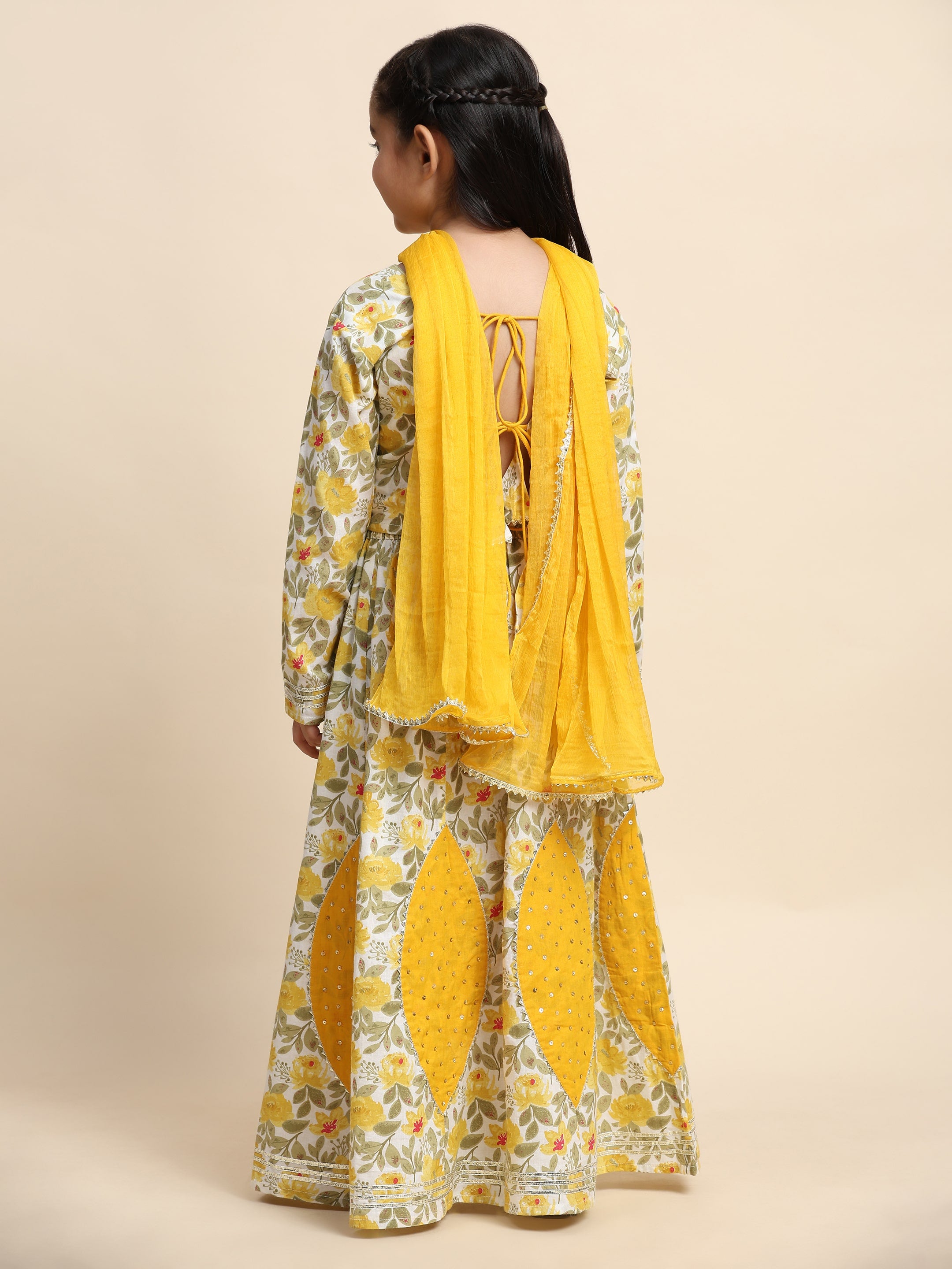 Cotton Floral Printed Yellow lehenga Choli Dress with Dupatta (K1041)