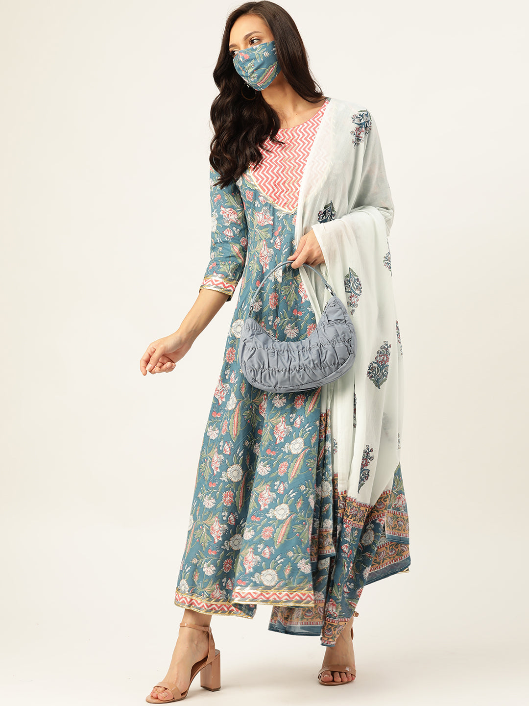 Pure Cotton Blue Flared Kurta With Dupatta (W1163)