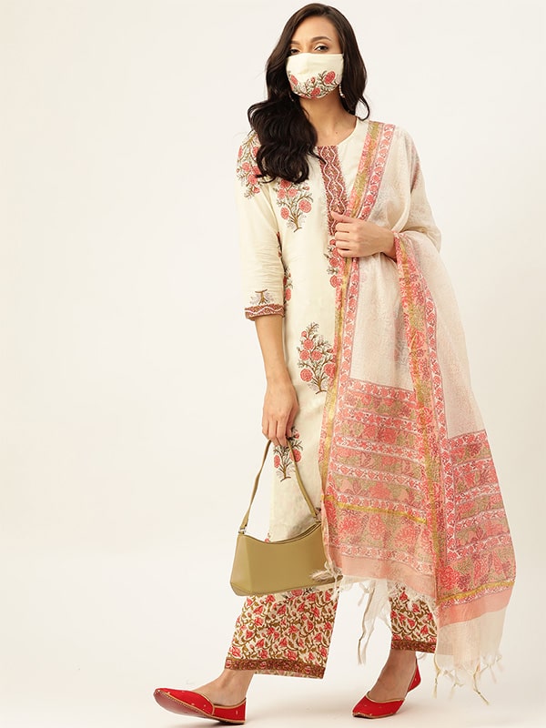 Pure Cotton Floral Printed Off White Kurta With Dupatta & Trouser (W1142)