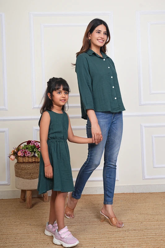 Mother Daughter Hand Dyed Twinning Dress Dark Green (COMBOMD9013)