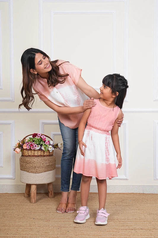 Hand Tie Dyed Mother Daughter Top Combo Peach And White (COMBOMD9017)