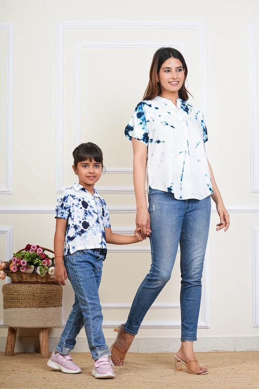 Hand Tie Dyed Mother Daughter Top Combo Blue And White (COMBOMD9018)