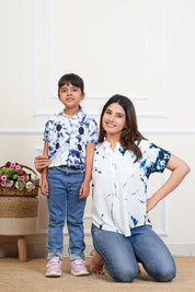 Hand Tie Dyed Mother Daughter Top Combo Blue And White (COMBOMD9018)