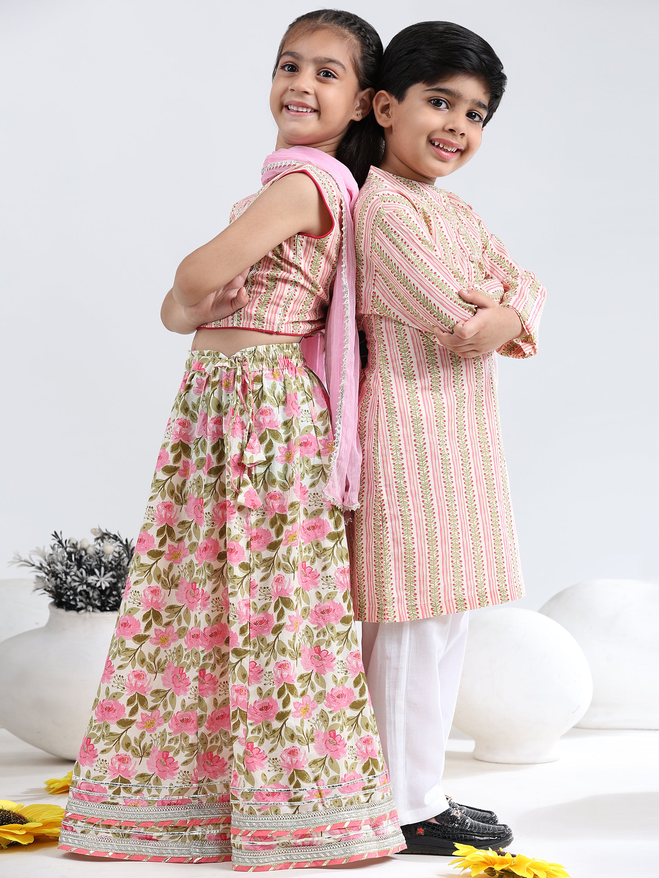 Ethnic Wear Brother Sister Top Bottom Combo Set Beige (COMBOBS9051)