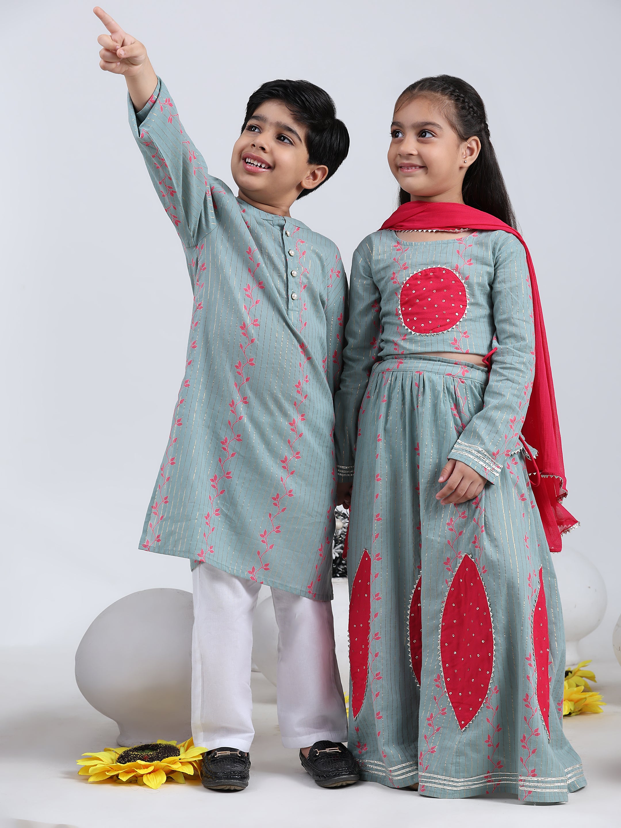 Ethnic Wear Brother Sister Top Bottom Combo Set Grey (COMBOBS9054)