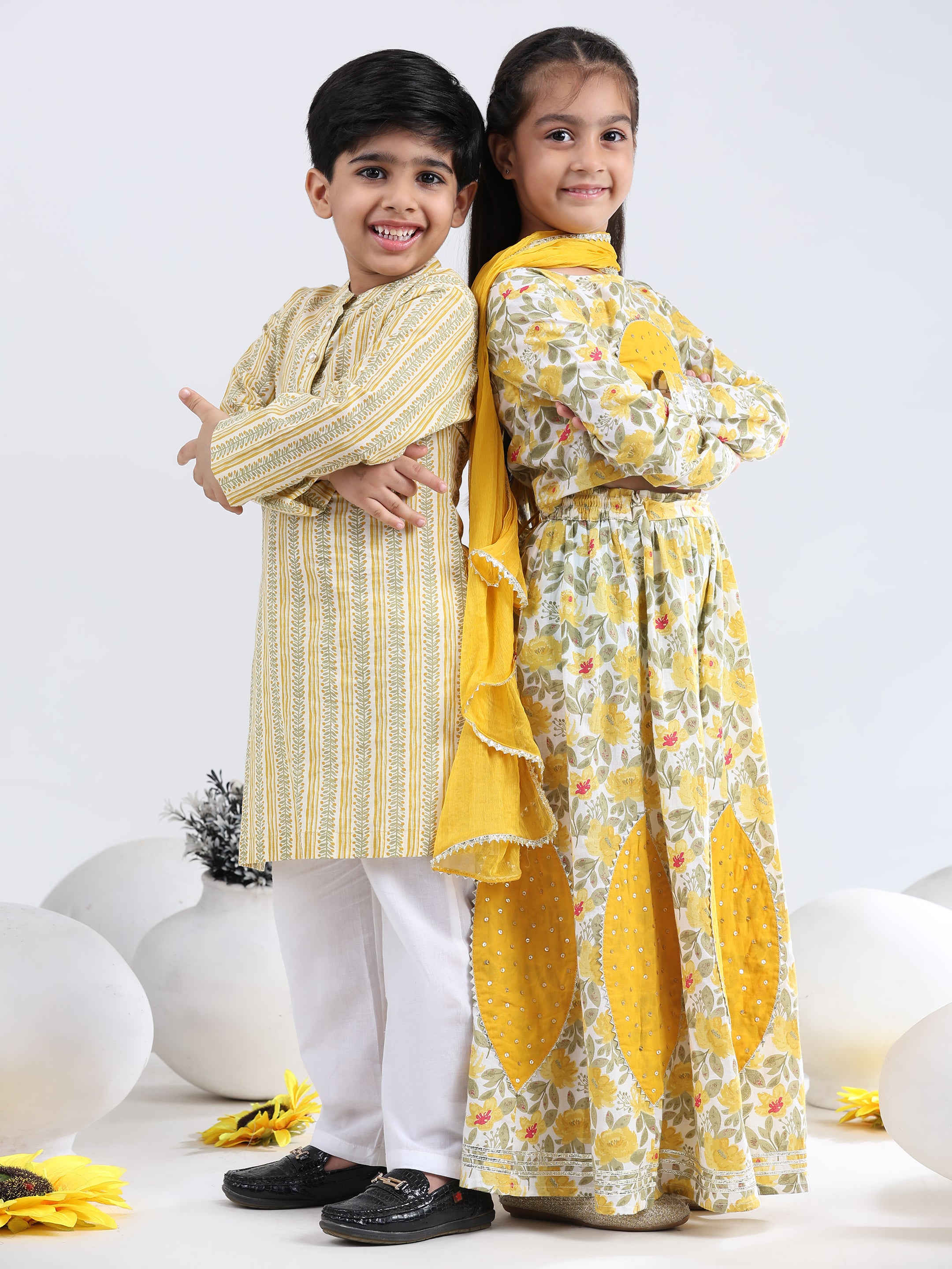 Ethnic Wear Brother Sister Top Bottom Combo Set Yellow (COMBOBS9055)