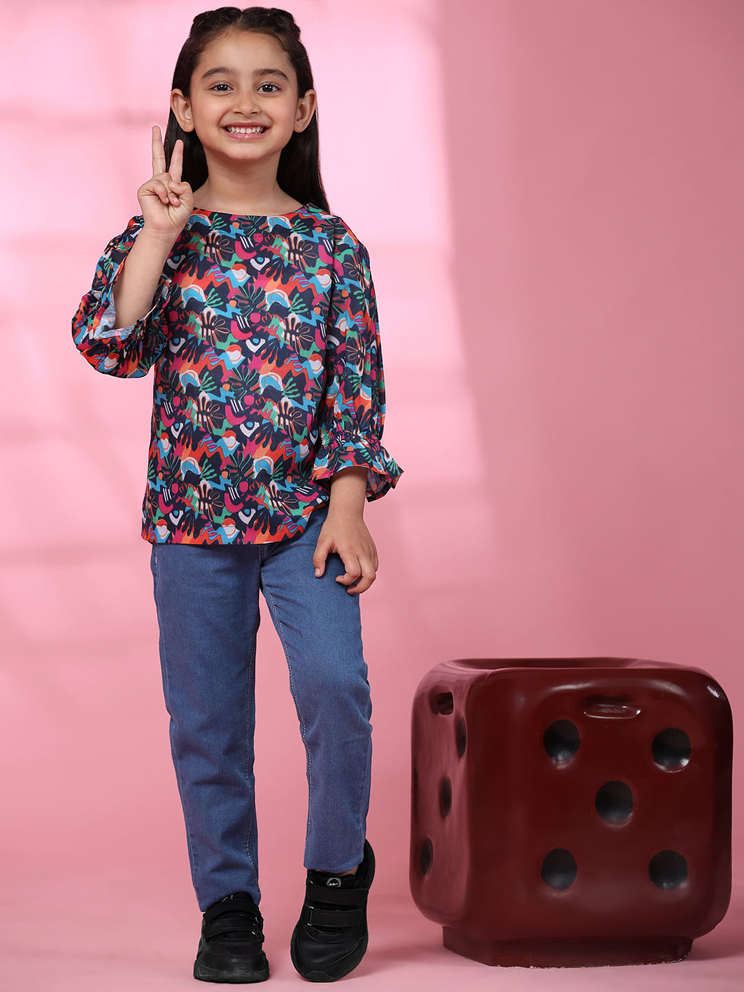 Cotton Printed Round Neck Top for Girls (K1023)