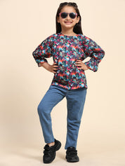 Cotton Printed Round Neck Top for Girls (K1023)