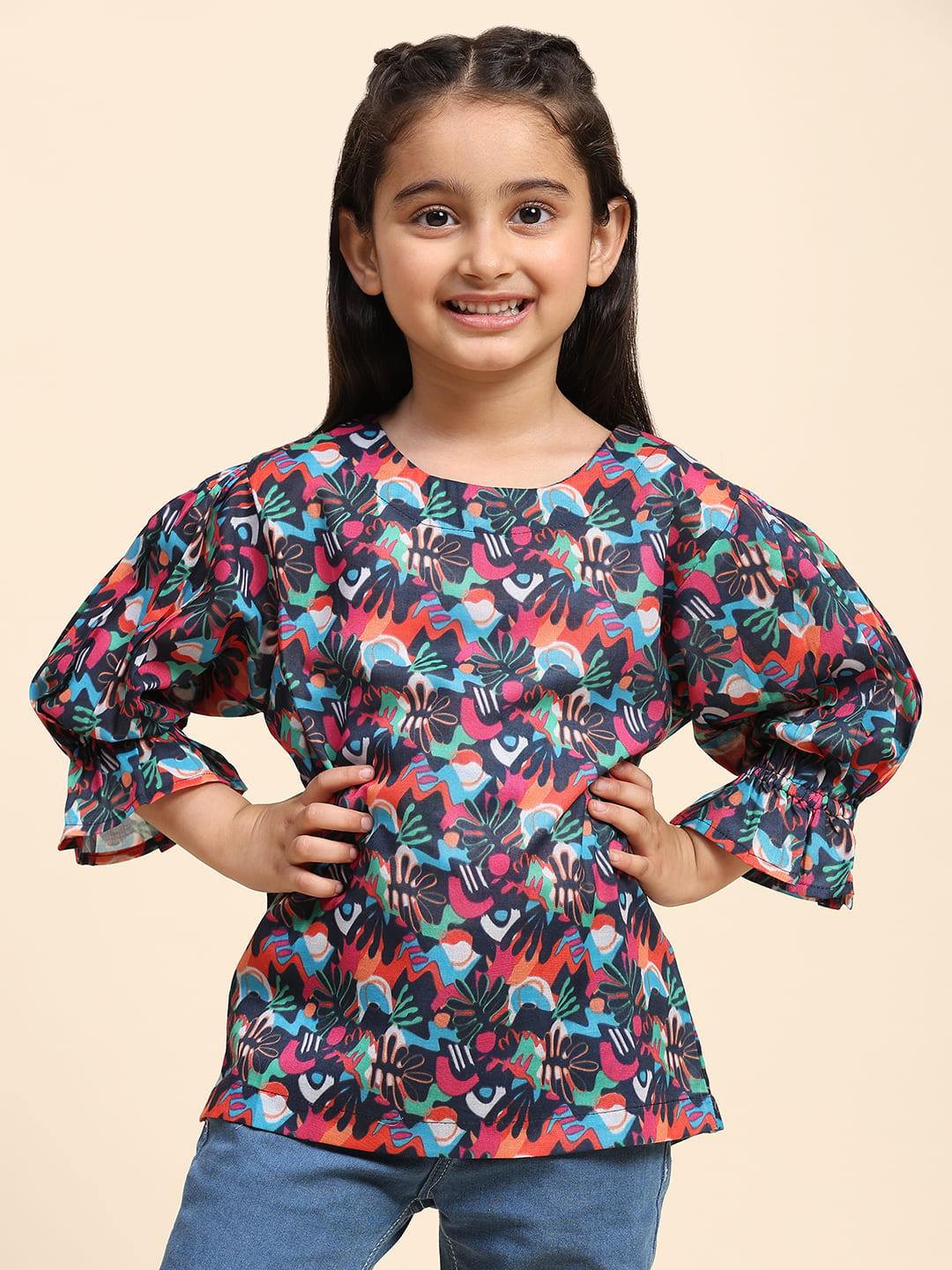 Cotton Printed Round Neck Top for Girls (K1023)