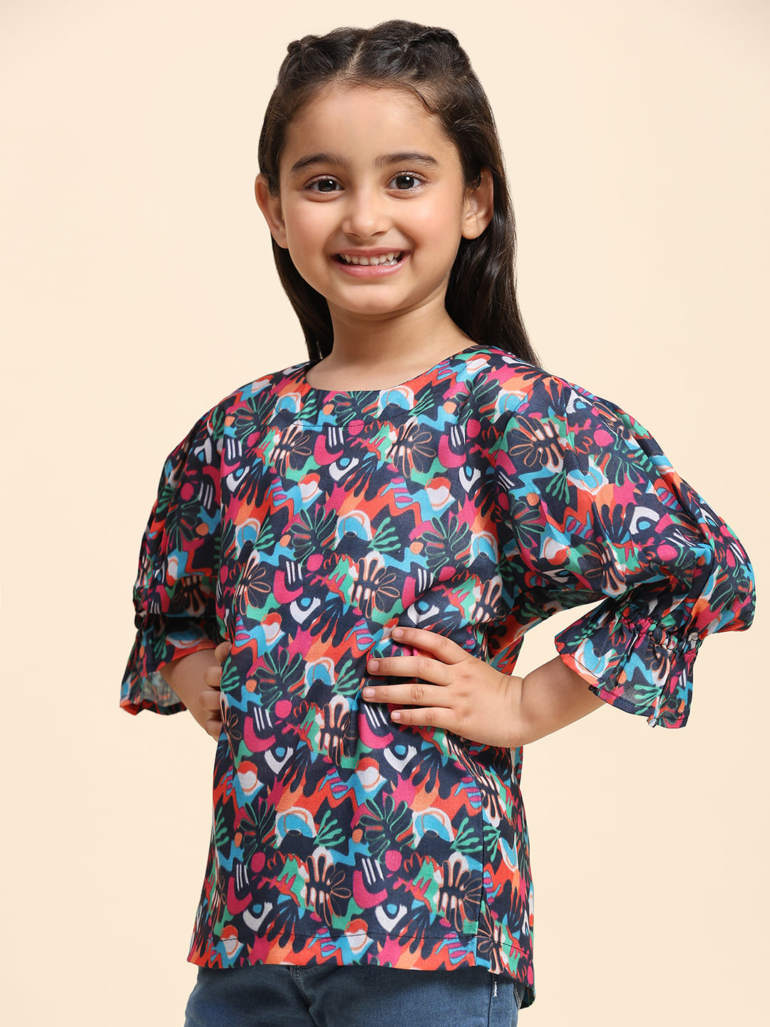 Cotton Printed Round Neck Top for Girls (K1023)