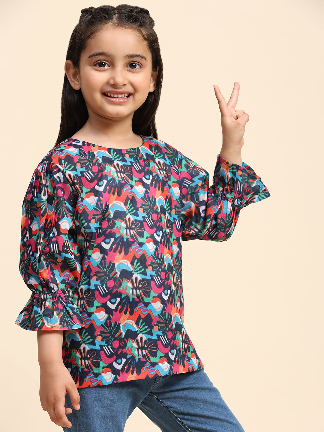 Cotton Printed Round Neck Top for Girls (K1023)