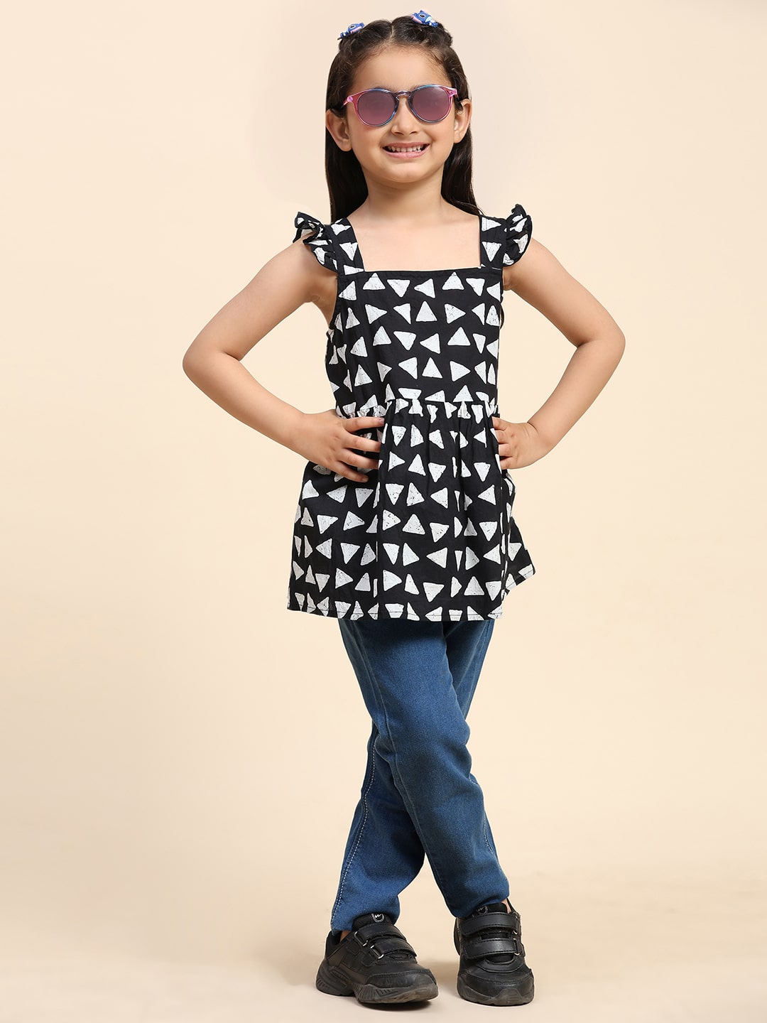 Cotton Printed Frill Shoulder Top for Girls (K1005)