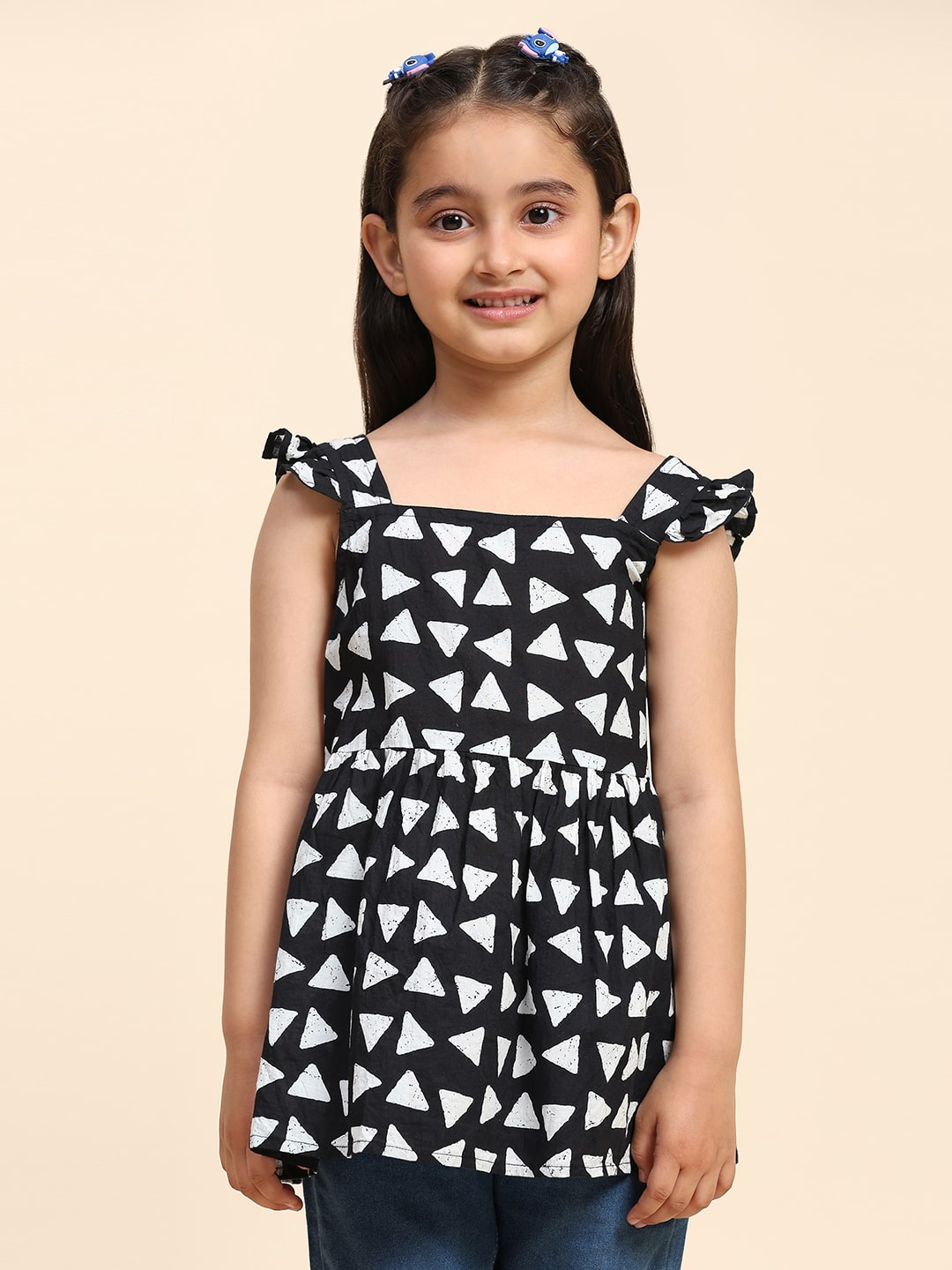 Cotton Printed Frill Shoulder Top for Girls (K1005)