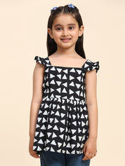 Cotton Printed Frill Shoulder Top for Girls (K1005)