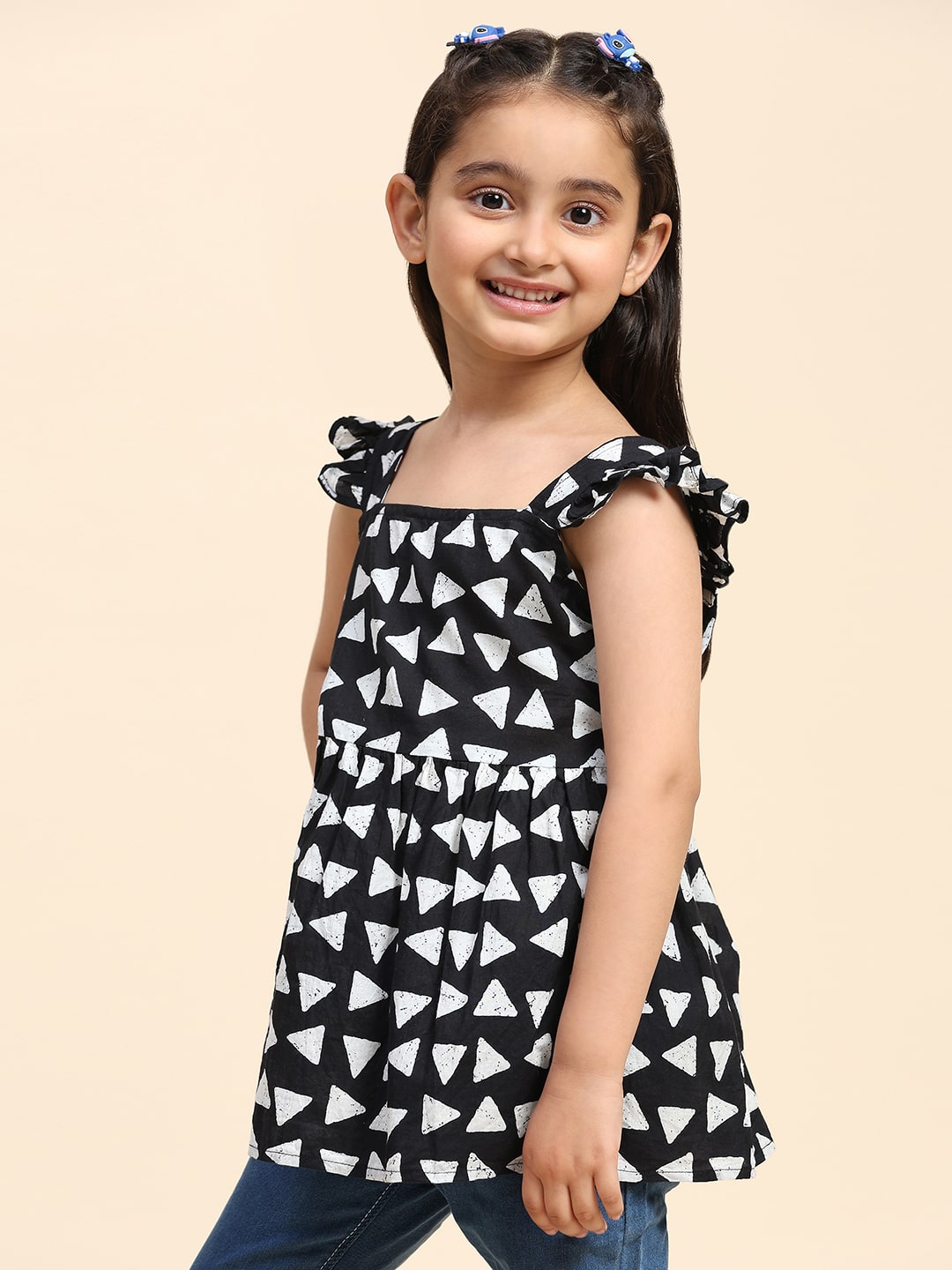 Cotton Printed Frill Shoulder Top for Girls (K1005)