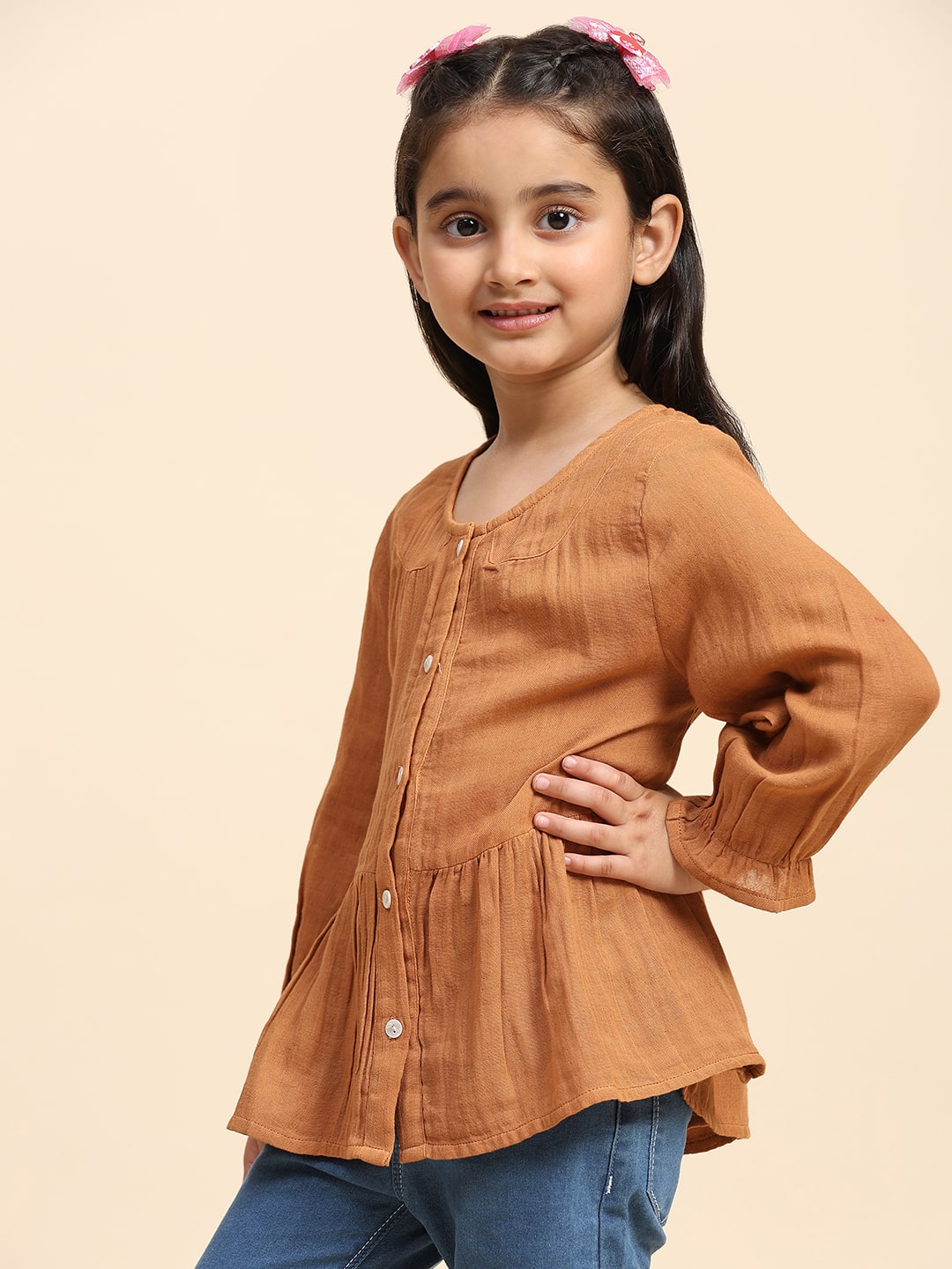 Cotton Pleated Plain Shirt for Girls (K1002)