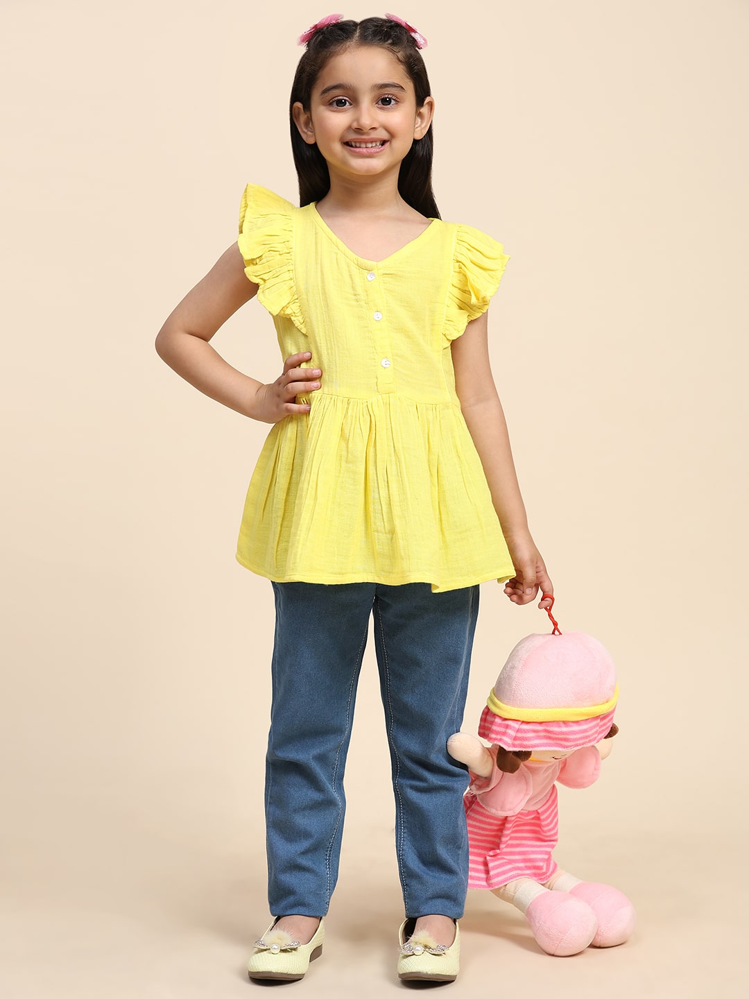 Cotton Frill Cap Sleeves Peplum Top for Girls (K1013)