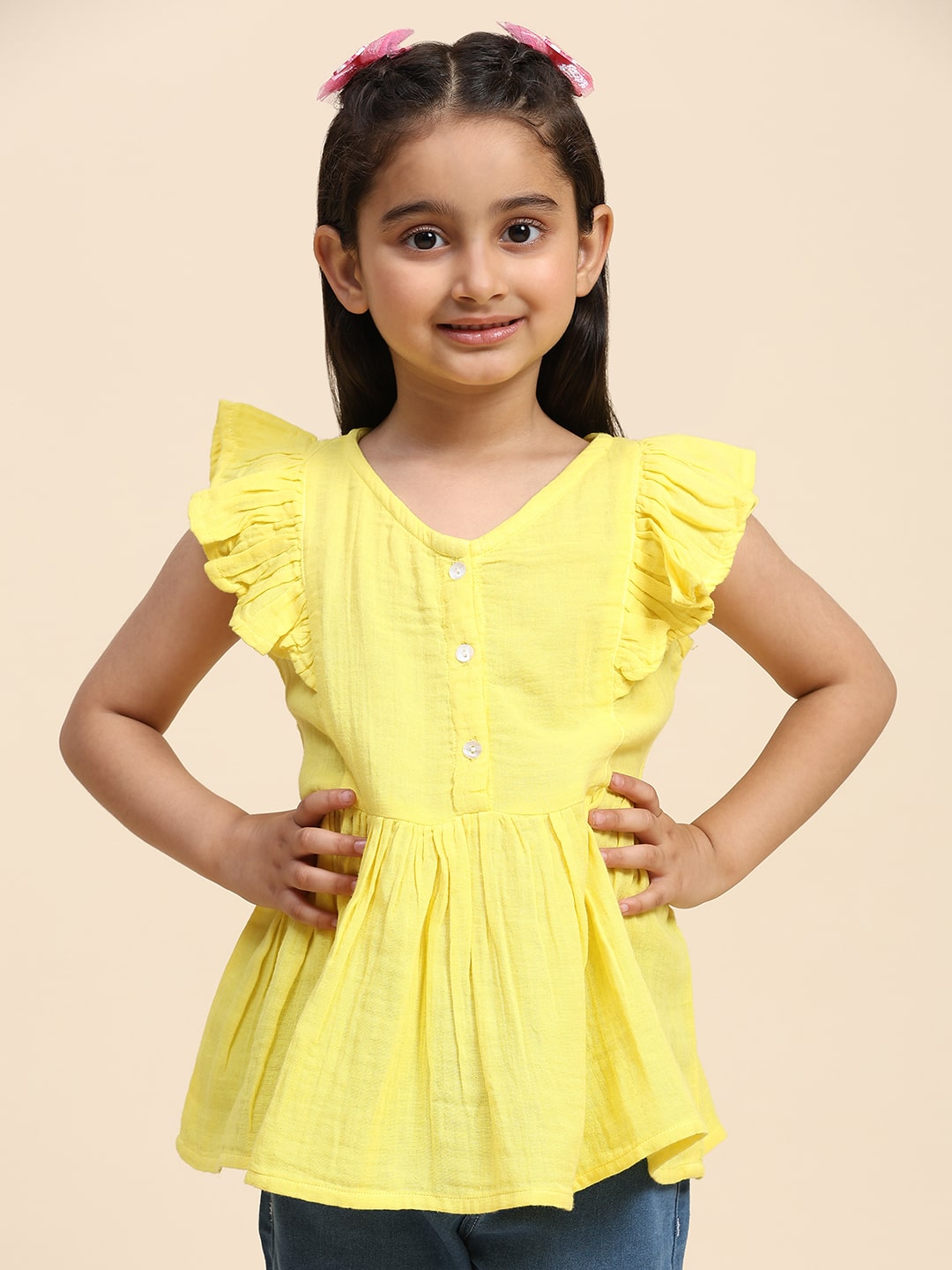 Cotton Frill Cap Sleeves Peplum Top for Girls (K1013)