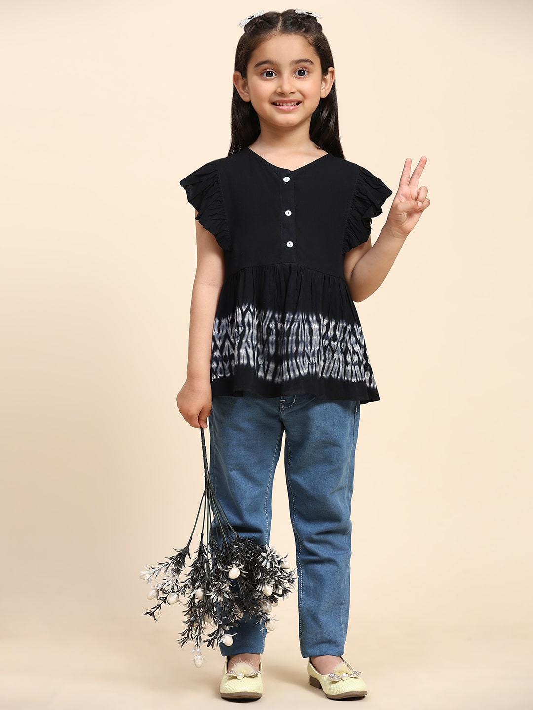 Girls Hand Dyed Frill Cap Sleeves Peplum Top (K1015)