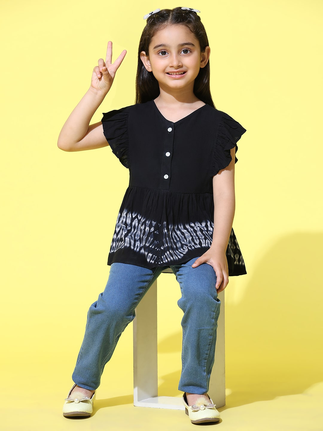 Girls Hand Dyed Frill Cap Sleeves Peplum Top (K1015)