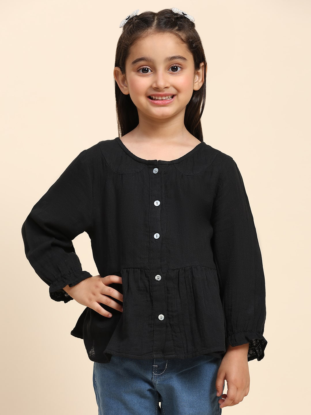 Cotton Pleated Plain Shirt for Girls (K1003)