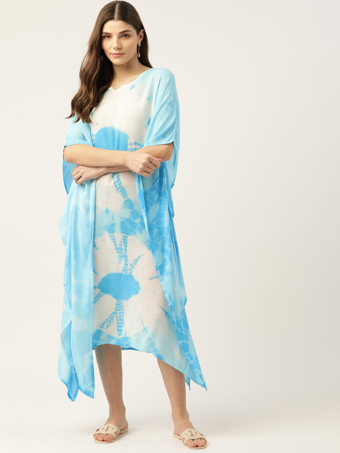 Rayon Crepe Hand Dyed Tie Dye Blue Kaftan Dress (W1188)