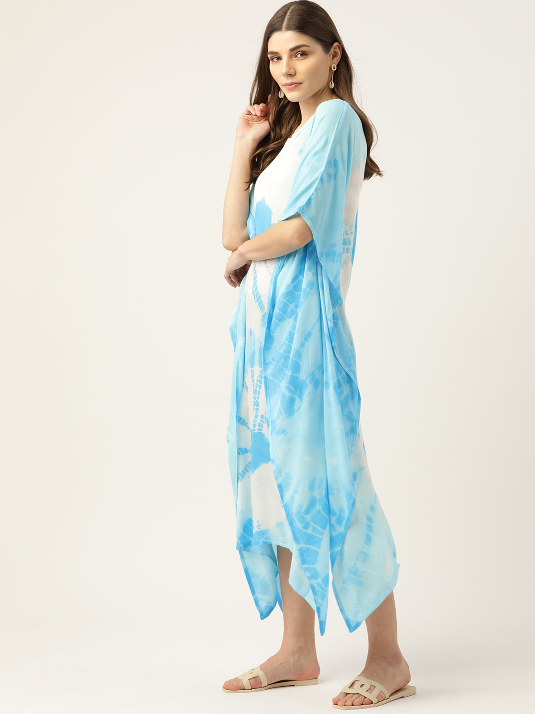 Rayon Crepe Hand Dyed Tie Dye Blue Kaftan Dress (W1188)