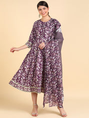 Purple Floral Print Cotton Anarkali Kurta with Dupatta (W1408)