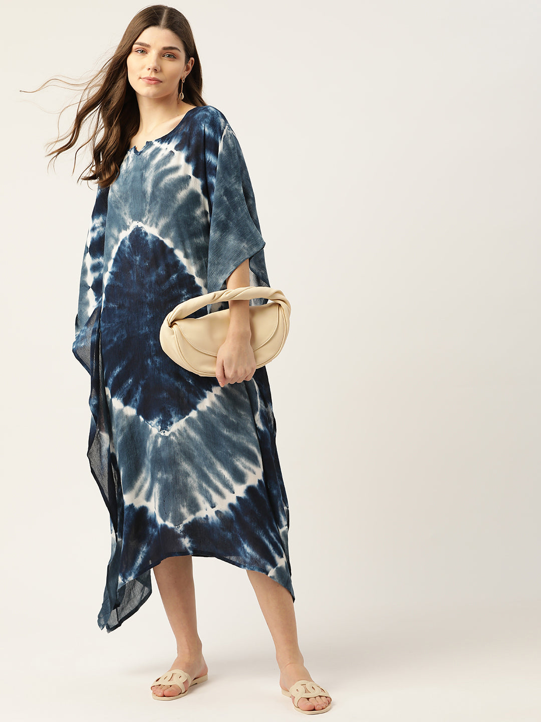 Rayon Hand Dyed Tie Dye Dark Blue Kaftan Dress (W1187)